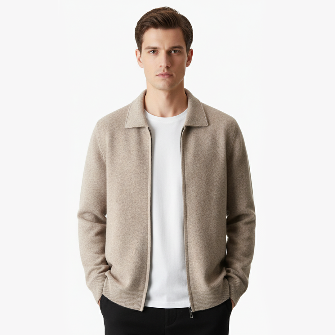 EXTRAFEINER MERINOWOLLE ZIP-POLO-STRICKJACKE